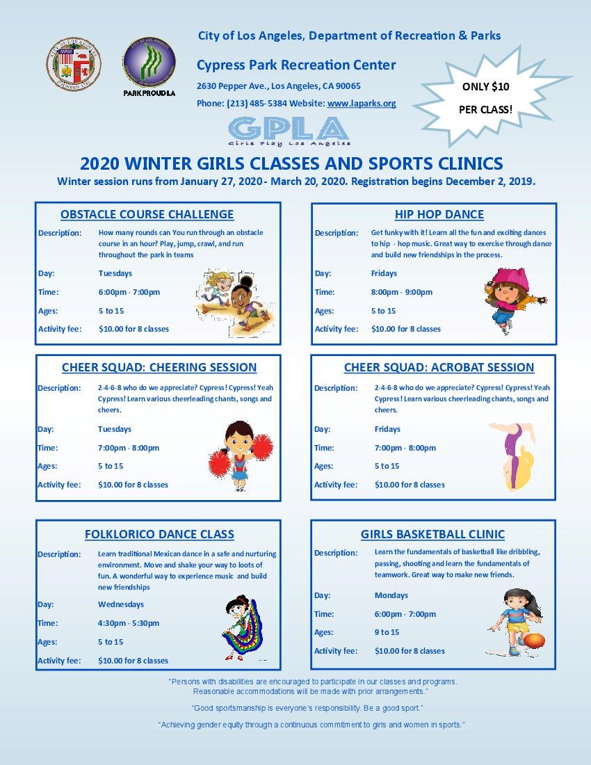 2020 winter girls classes and sports clinics