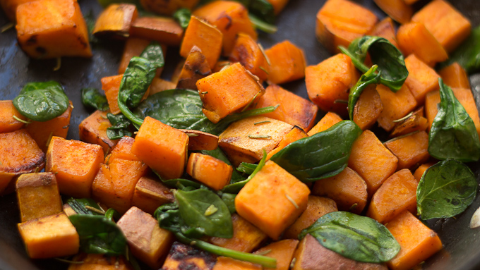 Pan-Roasted Sweet Potatoes with Spinach